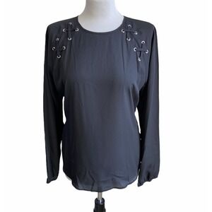 NWT Michael Kors Women's Black Grommet Lace Up High Low Long‎ Sleeve Top Medium